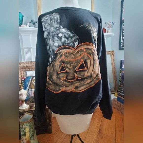 Vintage 1990s Halloween Sweatshirt Handpainted Pumpkin Ghost Bat Size XL - Picture 5 of 9